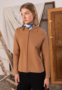 Hnědý svetr na zip s žebrovaným límcem, s jemnou texturou a přiléhavým střihem. Modelka má na sobě vzorovanou modro-žlutou šálu.