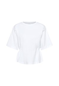 Top alb cu mânecă scurtă, din bumbac, cu decolteu rotund, pliere laterală și croială lejeră. Design simplu și versatil.