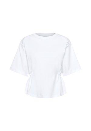 Top bianco a maniche corte realizzato in cotone, con scollatura a girocollo, arricciature laterali e vestibilità comoda. Design semplice e versatile.