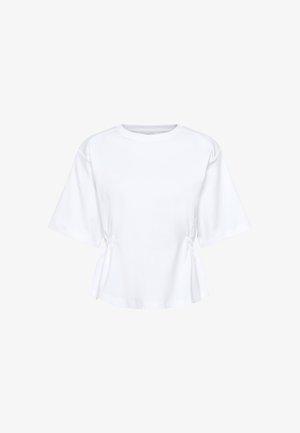 Weißes Kurzarm-Oberteil aus Baumwolle mit Rundhalsausschnitt, seitlichen Rüschendetails und lockerer Passform. Einfaches und vielseitiges Design.