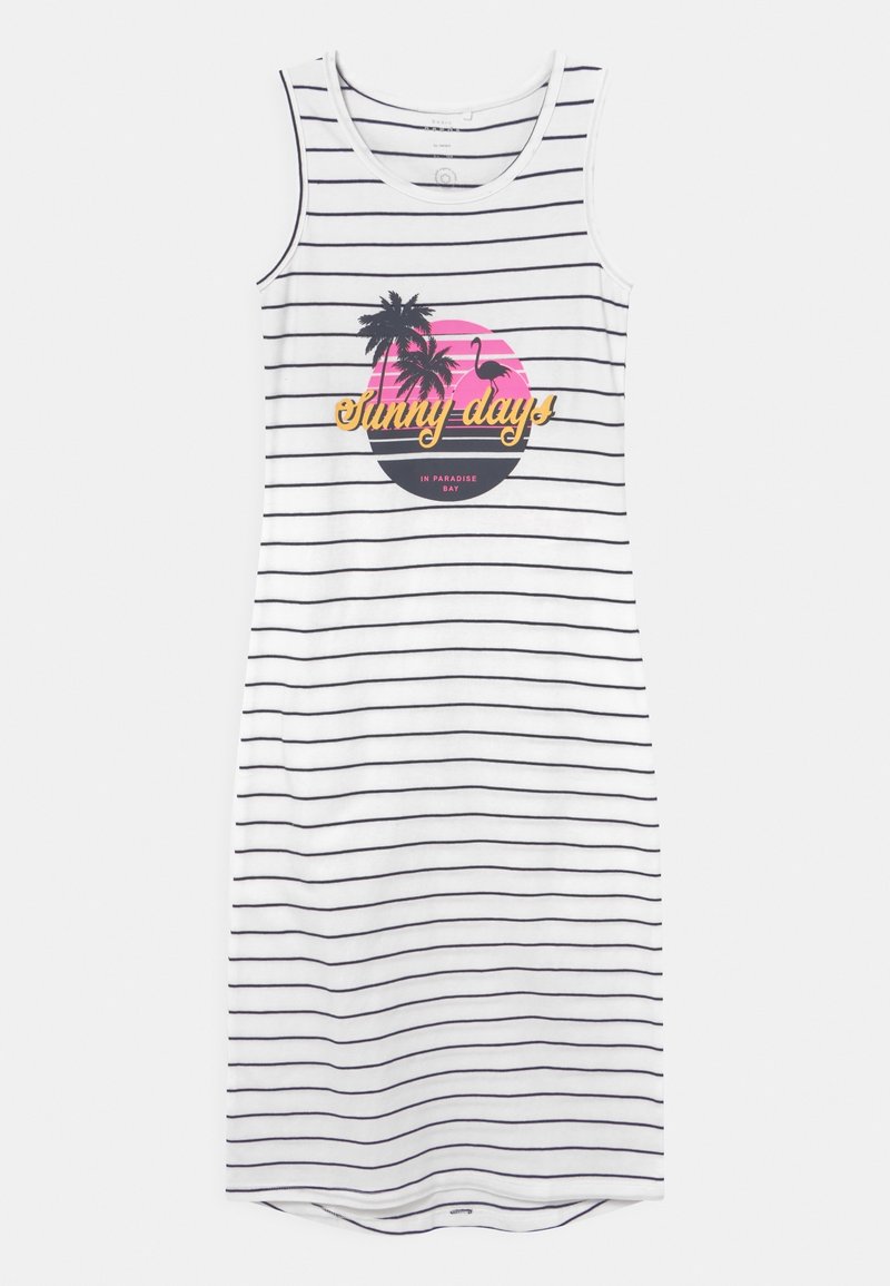 Robe blanche sans manches avec de fines rayures horizontales noires et un graphisme "Sunny days" représentant des palmiers et un flamant rose sur un cercle rose.