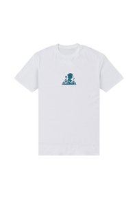 Bílá krátká trendy tričko s malou tmavě modrou grafikou cheruba držícího šíp, obklopeného stylizovanými mraky, umístěné na hrudi.