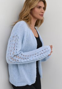 Light blue knitted cardigan with open stitch details on sleeves, featuring a relaxed fit and smooth texture. Worn over a black top.
