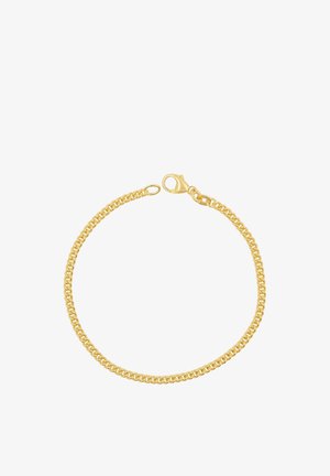 Bracciale a catena color oro con chiusura a moschettone, mostrato su sfondo bianco.