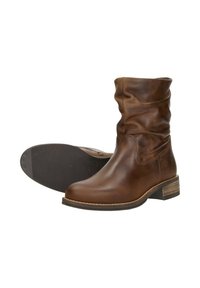 Brown leather ankle boots with a scrunched design, rounded toe, and a stacked heel. Textured rubber sole provides grip.