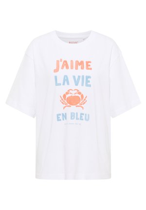 T-shirt à manches courtes blanche avec un imprimé graphique comprenant du texte orange et bleu et une illustration de crabe. Fabriqué en coton doux.