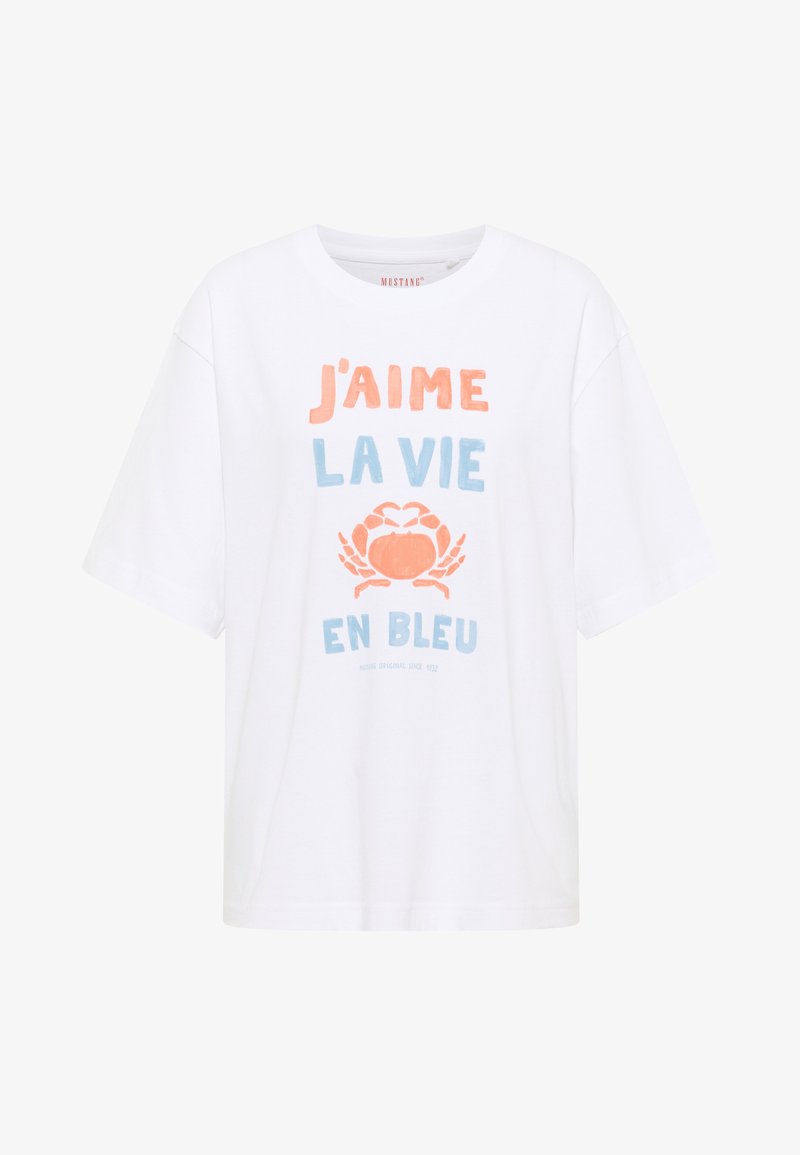 Weißes T-Shirt mit kurzen Ärmeln, das einen Grafikdruck mit orangefarbigem und blauen Text sowie einer Krabbenillustration zeigt. Hergestellt aus weichem Baumwollmaterial.
