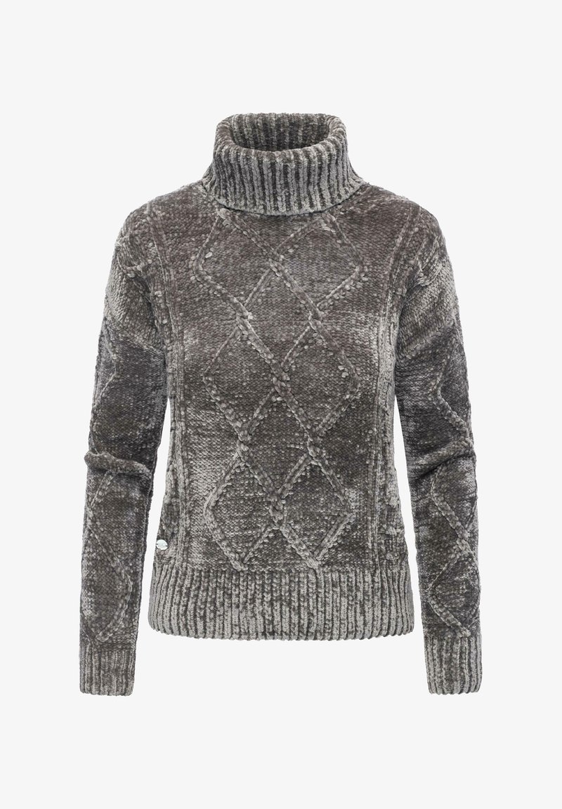 Grauer Strickpullover mit hohem geripptem Kragen, der ein strukturiertes Rautenmuster sowie gerippte Bündchen und Saum aufweist.