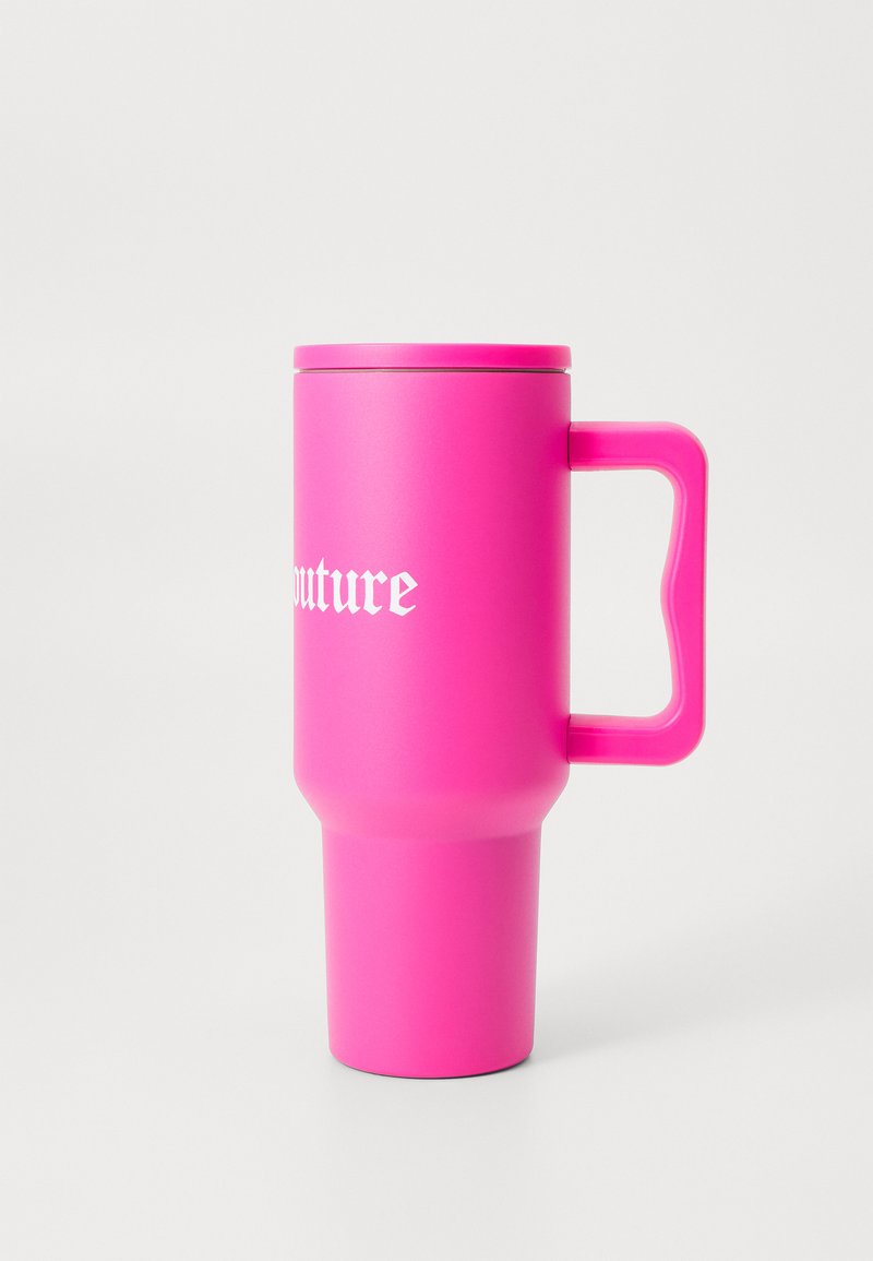 Roza izolirana skodelica z mat površino, valjaste oblike in stranskim ročajem. Na sprednji strani je bel napis in varen pokrov.