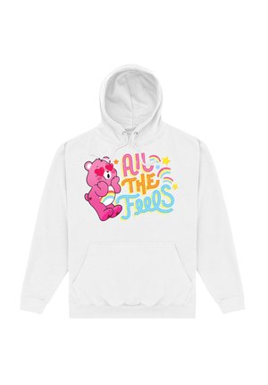 Weißer Kapuzenpullover mit einem Grafikdruck eines rosa Bären und dem Schriftzug "All the Feels" in bunten Buchstaben. Mit einer Fronttasche und Kordelzug in der Kapuze.