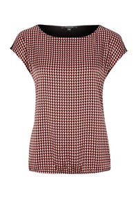 Top de mujer de manga corta con un patrón geométrico en rojo, negro y blanco y un escote redondo, mostrado sobre un fondo blanco liso.