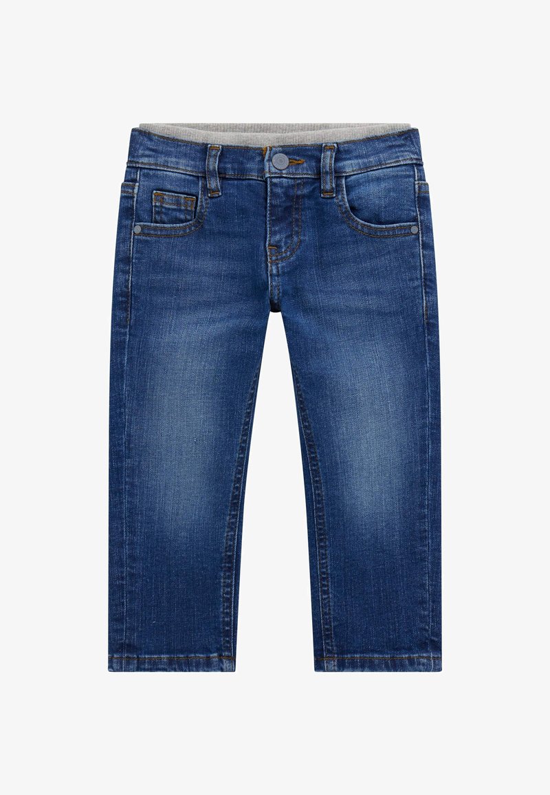 Donkerblauwe denim jeans met een lichte vervaging, voorzien van een knoopsluiting, een vijf-pocket ontwerp en een zachte, grijze binnenband.