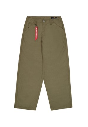 Olive green straight-leg trousers with front pockets, belt loops, button closure, and a red keychain tag attached to a belt loop.