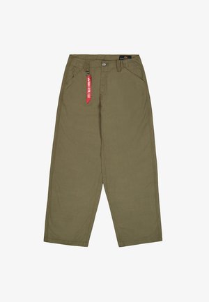 Olive green straight-leg trousers with front pockets, belt loops, button closure, and a red keychain tag attached to a belt loop.