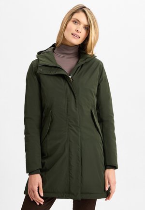 Grüne wasserdichte Parka mit durchgehendem Reißverschluss, Kapuze, Seiten Taschen und tailliertem Schnitt. Der Stoff hat eine glatte, strukturierte Oberfläche.