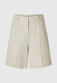 Pantaloni corti in lino di un beige chiaro, con una vestibilità rilassata, cintura strutturata e due tasche frontali con una trama sottile.