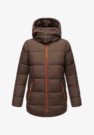 Brown puffer jacket featuring a hood, orange zipper, and snap buttons. Includes two side pockets with orange accents and a quilted texture.