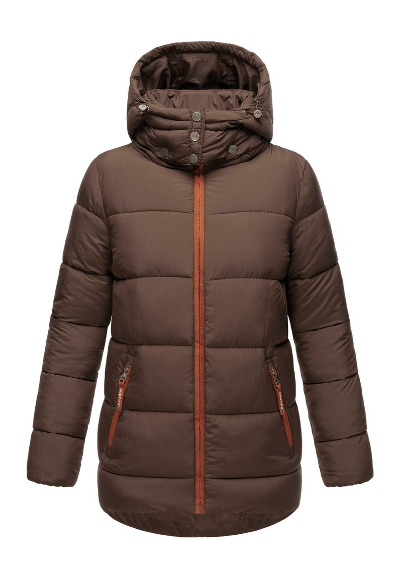 Brown puffer jacket featuring a hood, orange zipper, and snap buttons. Includes two side pockets with orange accents and a quilted texture.