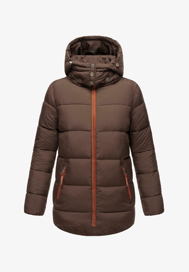 Braune Pufferjacke mit Kapuze, orangefarbenem Reißverschluss und Druckknöpfen. Verfügt über zwei Seitentaschen mit orangenen Akzenten und einem gesteppten Textur.