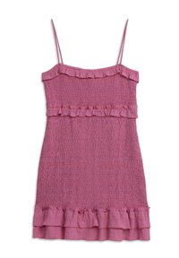 Roze spaghetti-bandjurk met een smock-textuur en twee gerimpelde lagen aan de zoom. Lichte, geweven stof met een zachte afwerking.