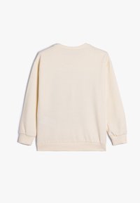 Sudadera de color crema, de manga larga, con puños y dobladillo acanalados. Textura suave y lisa; sin gráficos ni patrones en la parte de atrás.
