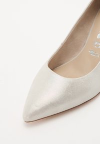 Pointed-toe high heel shoe in metallic silver fabric with a smooth texture and a beige inner lining. Features minimalistic design with no accents.