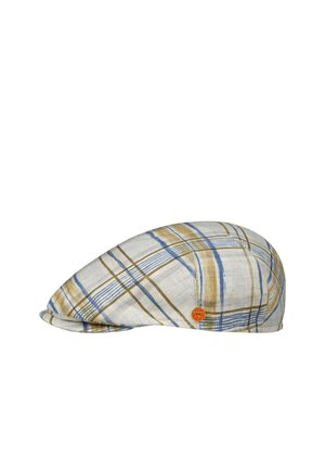 Flat cap with blue, brown, and beige plaid pattern and a small round orange logo on the side.