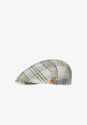 Flat cap with blue, brown, and beige plaid pattern and a small round orange logo on the side.