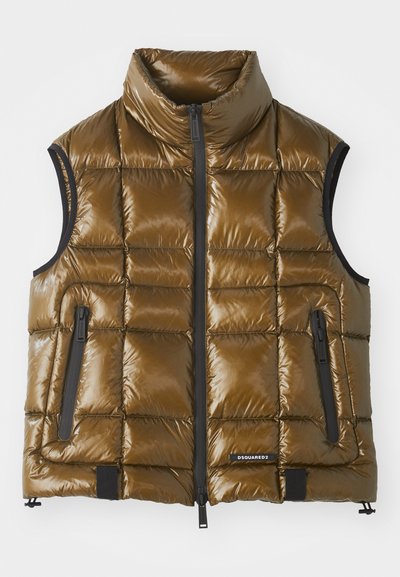 Padded vest in metallic brown fabric with a high collar. Features zip pockets and a front zipper. Smooth texture, rectangle quilted design.