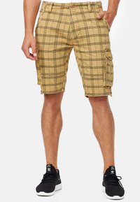 Kahki plaid cargo shorts with multiple pockets, a button closure, and a relaxed fit, featuring dark lines on a lighter background.