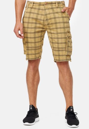 Kahki plaid cargo shorts with multiple pockets, a button closure, and a relaxed fit, featuring dark lines on a lighter background.