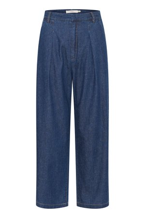 Blå denimbukser med høj talje og vide ben, forrest med læg, bæltestropper og skjult lynlåslukning.