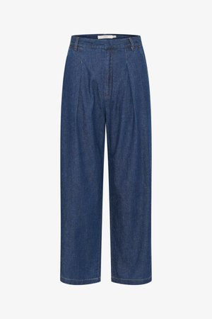 Zili džinsa bikses ar augstu jostasvietu un platiem kāju galiem, priekšpusē ar bārkstīm, jostu cilpām un slēptu rāvējslēdzēja aizdari.