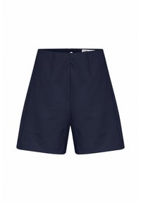 Navy blauwe op maat gemaakte shorts met een gladde textuur, voorzien van voorplooien en een tailleband, geknipt boven de knie voor een schone silhouet.