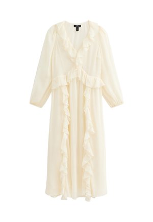 Robe crème en tissu léger, avec un décolleté en V, des manches longues et des accents froncés le long de l'avant et de l'ourlet.