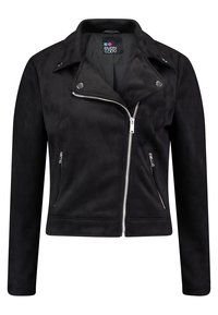 Černá motorkářská bunda z umělé semiše s vykrojeným límcem, stříbrným zipem na zapínání a dvěma předními kapsami na zip. Hladká textura a přiléhavý střih.