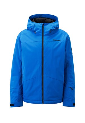 Blaue isolierte Jacke mit Kapuze, schwarzem Innenfutter, vorderem Reißverschluss und verstellbaren Handgelenkabschlüssen. Mit Logo auf der Brust und Seitentasche.