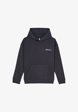 Sweat à capuche noir avec poche frontale et petit logo violet "element" sur la poitrine gauche, présenté sur un fond blanc uni.