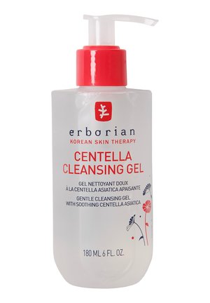 Clear plastic bottle of Centella Cleansing Gel with a red pump top, featuring white and red text, and floral accents in blue and red.