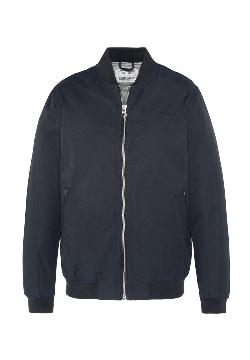 Giacca bomber blu scuro realizzata in tessuto morbido, con zip frontale, tasche laterali e polsini e fondo a coste.