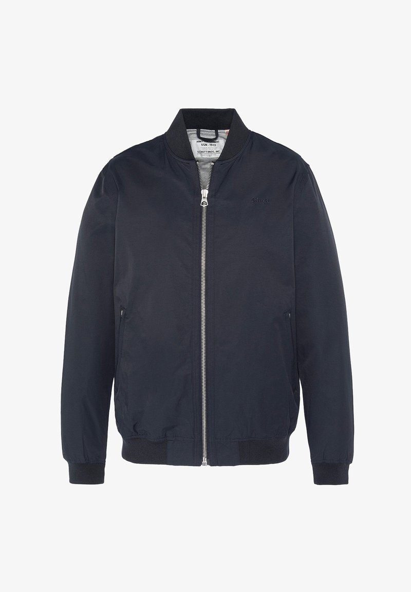 Chaqueta bomber azul oscuro hecha de tejido suave, con cierre frontal, bolsillos laterales y puños y dobladillo acanalados.
