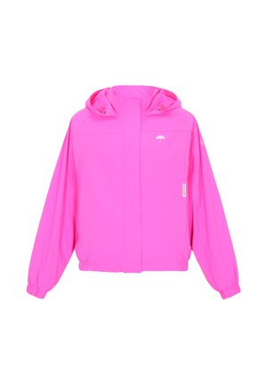 Geacă roz, impermeabilă, cu glugă, fermoar frontal, mâneci elastice și detaliu subtil cu logo. Textură netedă și croială lejeră.