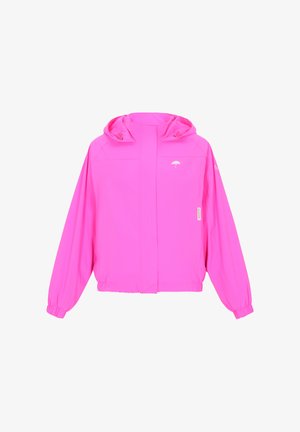 Vaaleanpunainen vedenpitävä takki, jossa on huppu, etuvetoketju, joustavat hihansuut ja hillitty logoyksityiskohta. Sileä pinta ja rento istuvuus.