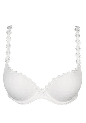 White bra with padded cups, checkered texture, and floral lace trim along the straps and neckline. Features adjustable straps and a back closure.