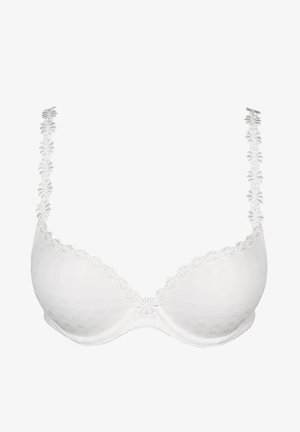 Valkoinen rintaliivi, jossa on pehmustetut kupit, ruutukuviointi ja kukkakuvioinen pitsireunus hihnojen ja kaula-aukon ympärillä. Varustettu säädettävillä hihnoilla ja takaklipsillä.