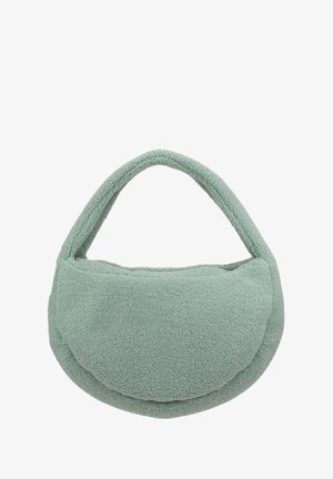 Miękki miętowy zielony worek wykonany z teksturowanej tkaniny. Posiada zaokrąglony kształt z jedną rączką i przeszytym złożonym wzorem.