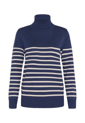 Tummansininen pooloneule, jossa on vaakasuoria kermaisia raitoja, ribattu hihansuiden ja helmassa, valmistettu pehmeästä neulekankaasta lisälämpöä varten.