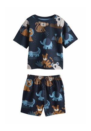 Kinder-Pyjama-Set aus Baumwolle mit kurzen Ärmeln und Shorts. Dunkelblauer Hintergrund mit bunten Tierillustrationen, darunter Elefanten und Tiger.