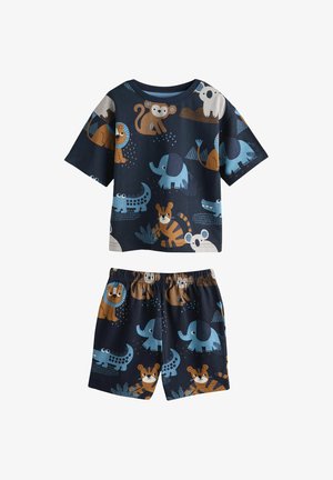 Bērnu kokvilnas pidžamas komplekts ar īsām piedurknēm un šortiem. Tumši zils pamats ar krāsainām dzīvnieku ilustrācijām, tostarp ziloņiem un tīģeriem.