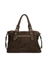 Sac à main en suède brun foncé avec deux poignées, sangles à boucle réglables, cordons de serrage sur les côtés et poche zippée à l'avant.